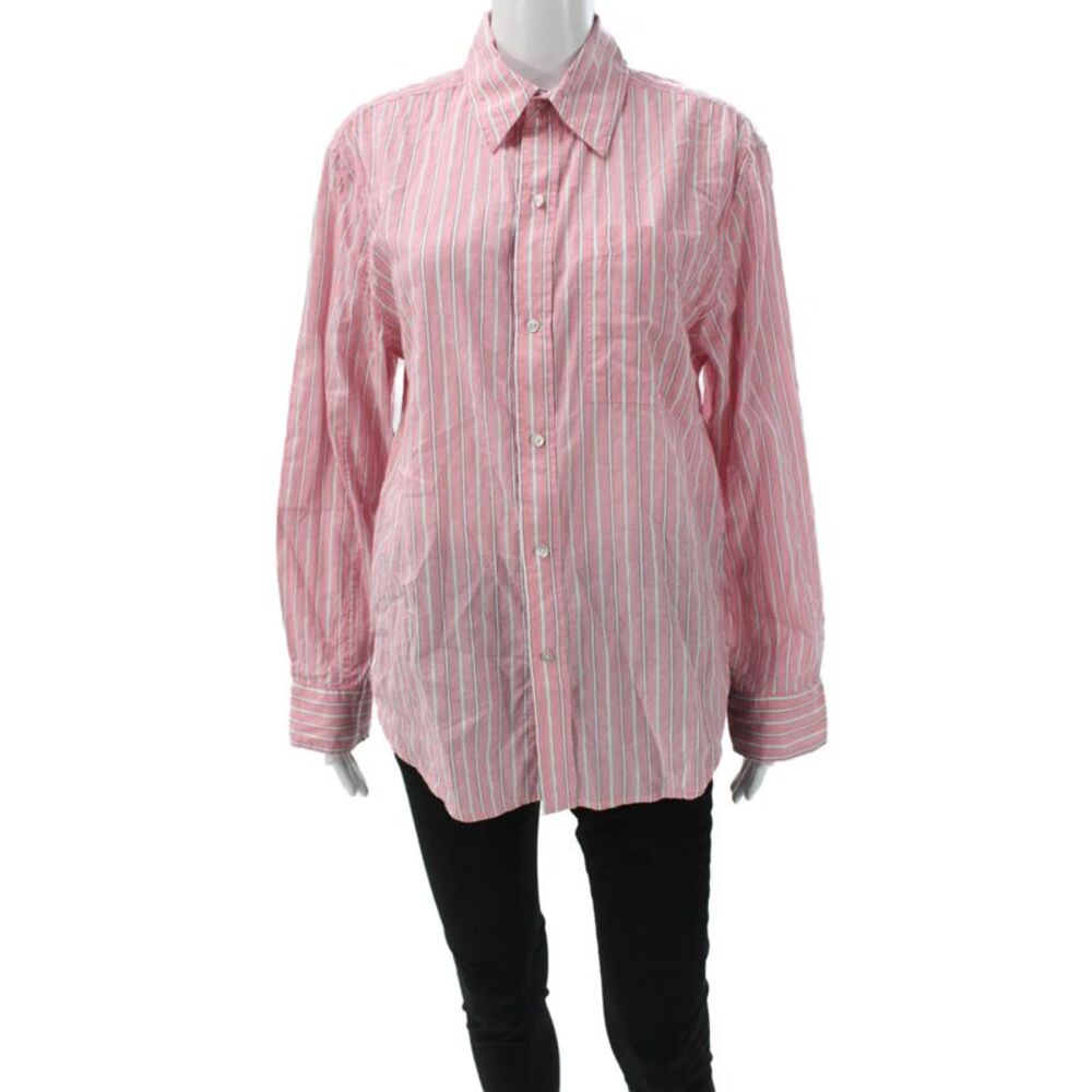Amo Womens Collared Striped Pink Cotton Long Sleeve Button-Up Top Size XS